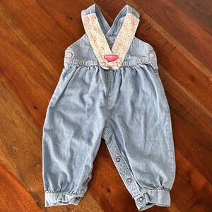 OshKosh B'gosh Vintage Denim Floral Trim Overalls Vestbak Baby Girls 18 M